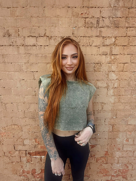 Acid Washed Side Button Muscle Crop Top - Olive *Door Buster*