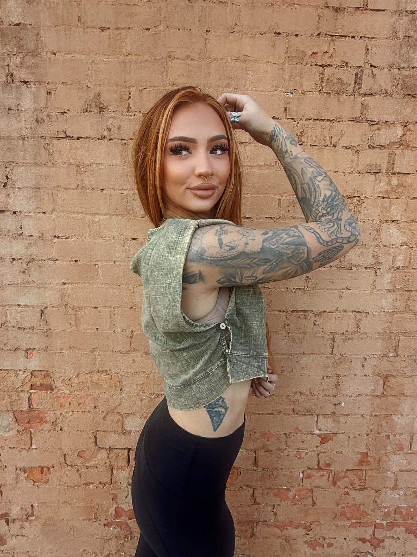 Acid Washed Side Button Muscle Crop Top - Olive *Door Buster*