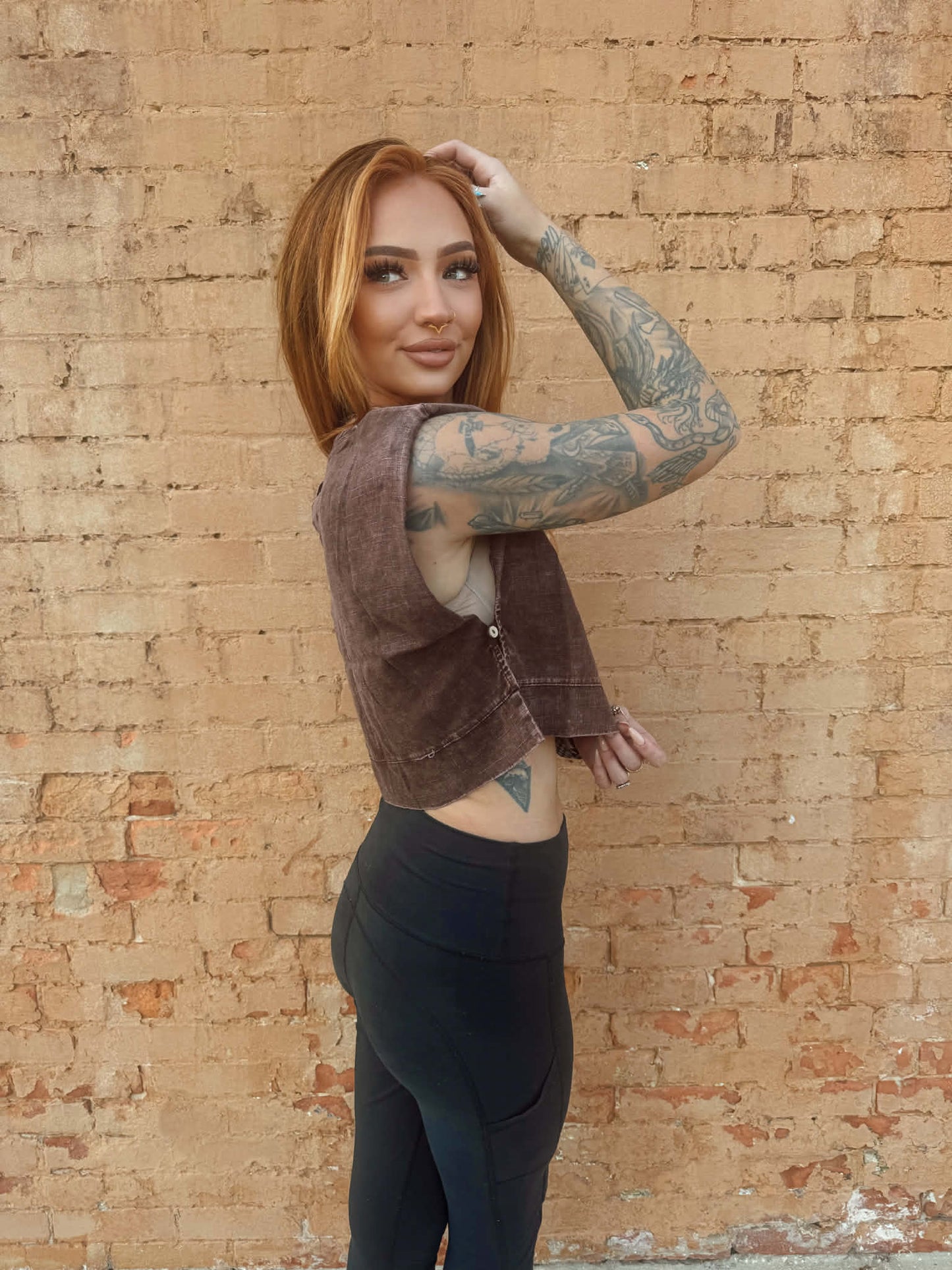 Acid Washed Side Button Muscle Crop Top - Brown *Door Buster*