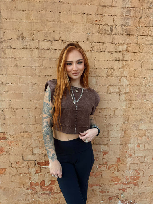 Acid Washed Side Button Muscle Crop Top - Brown *Door Buster*
