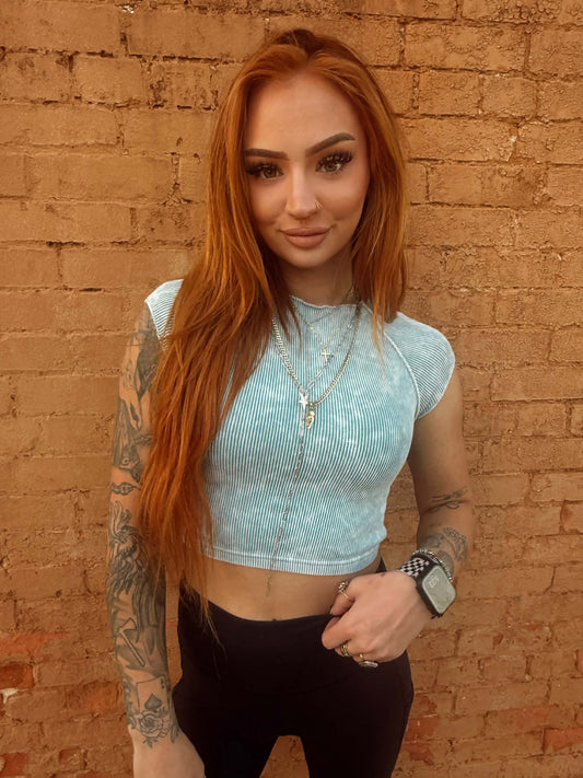 Acid Washed Ribbed - Blue Grey Crop Top *Door Buster*