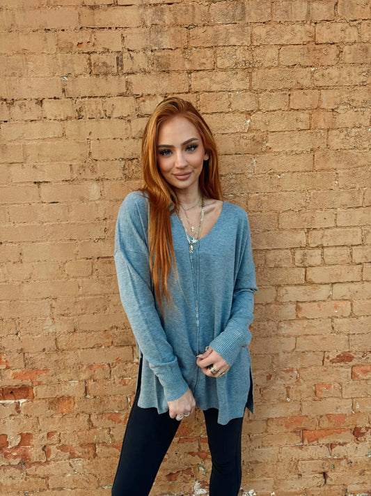 Hi-low Hem V-neck Center Seam Sweater - Heather Grey *Door Buster*