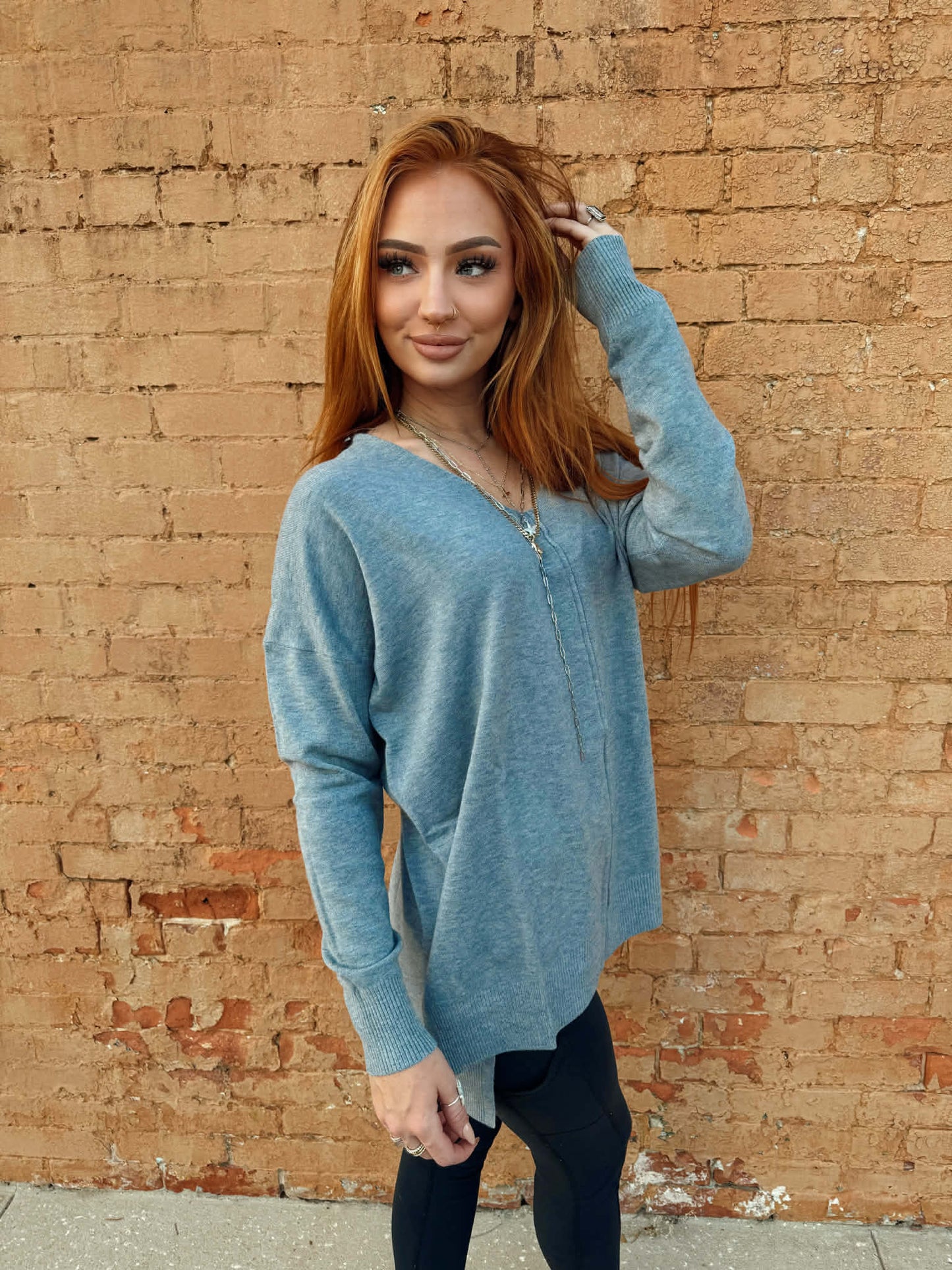 Hi-low Hem V-neck Center Seam Sweater - Heather Grey *Door Buster*