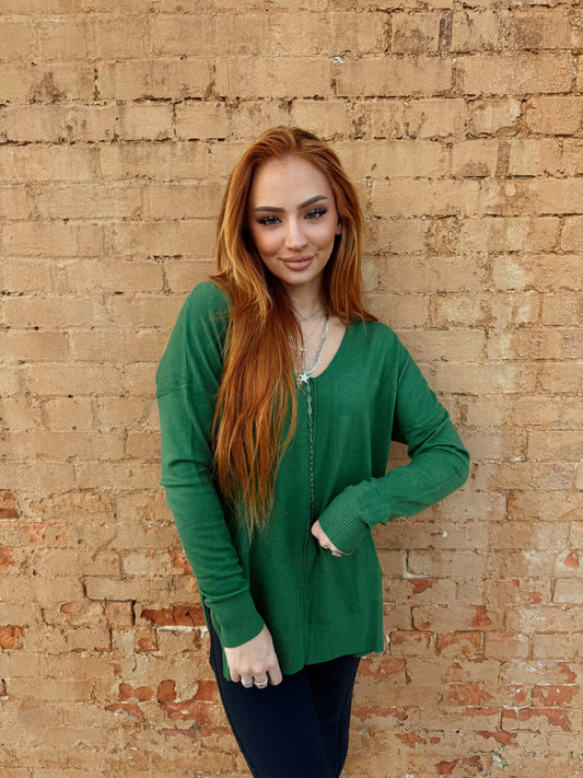 Hi-low Hem V-neck Center Seam Sweater - Green * Door Buster*
