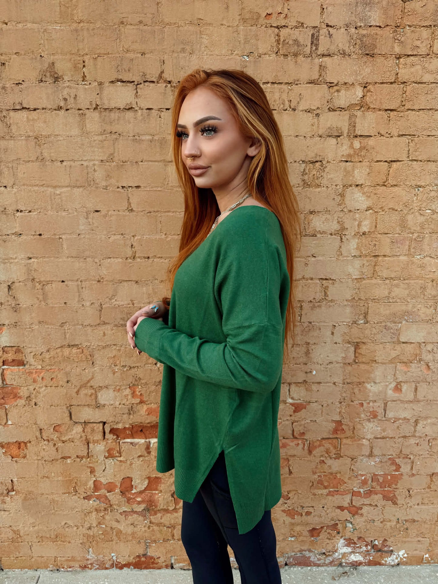 Hi-low Hem V-neck Center Seam Sweater - Green * Door Buster*