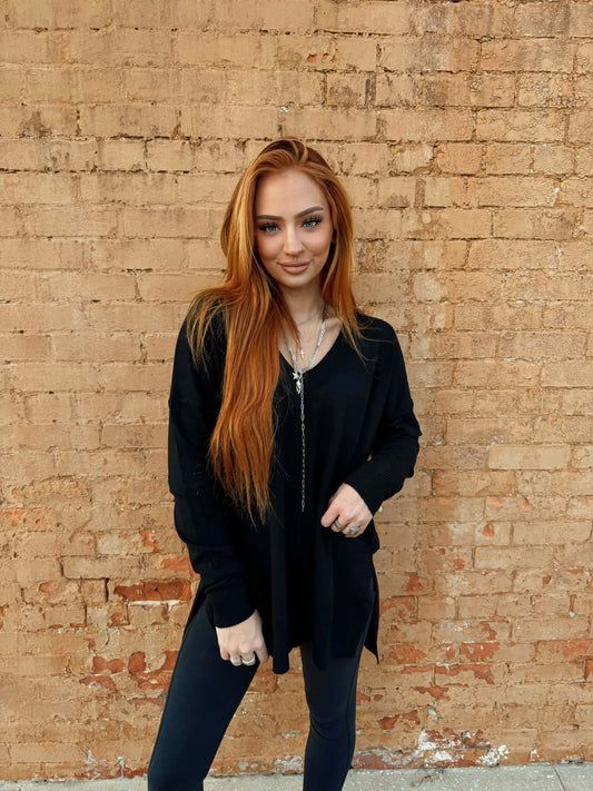 Hi-low Hem V-neck Center Seam Sweater - Black *Door Buster*