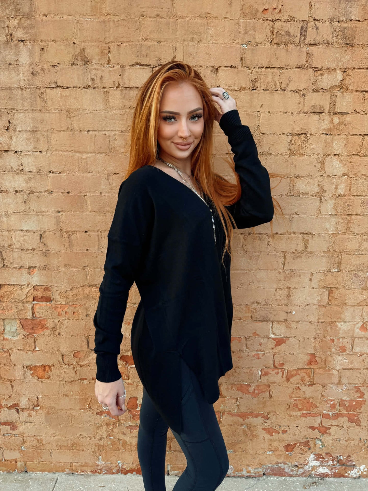 Hi-low Hem V-neck Center Seam Sweater - Black *Door Buster*