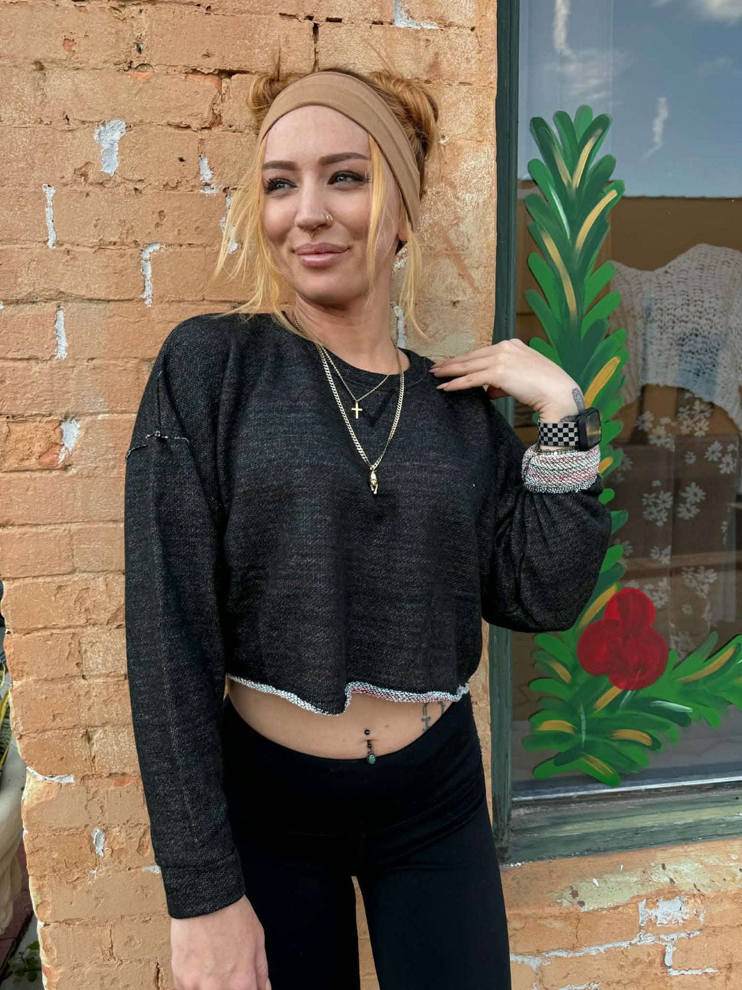 Drop-shoulder Cropped Top - Heather Black *Doorbuster*