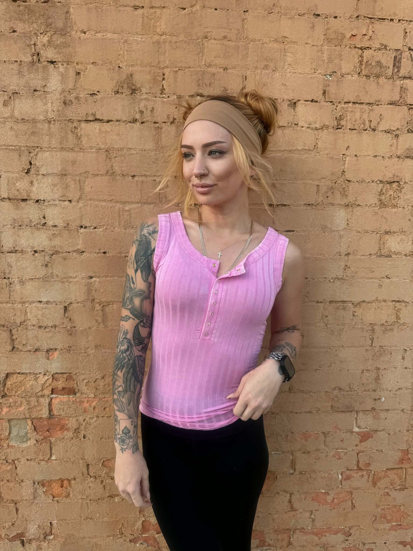 Acid Wash Snap Henley Tank - Candy Pink *Door Buster*