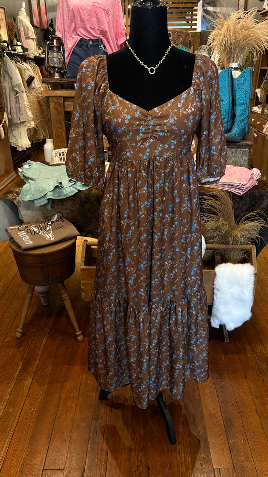 Honey Creek Bloom-  Bubble Sleeve Sweetheart Floral Midi Dress