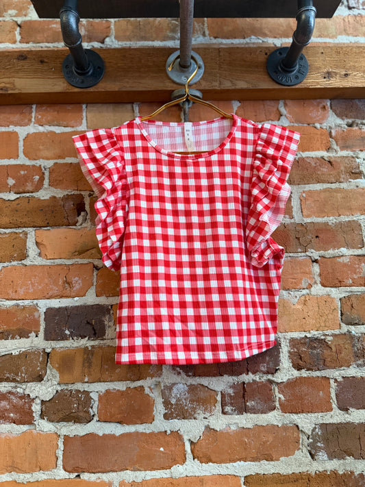 Cottonwood Charm – Red & White Gingham Ruffle Top