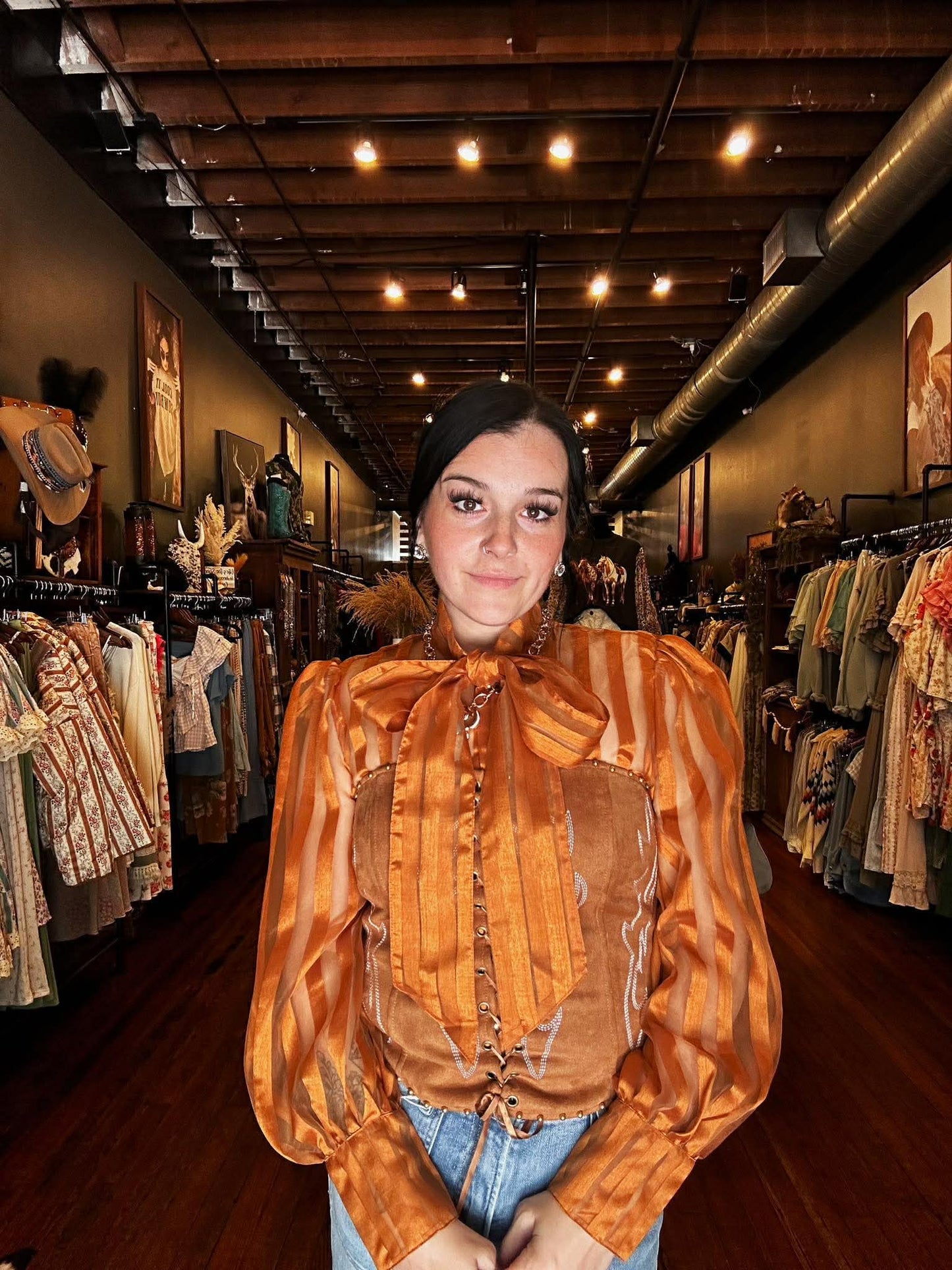 Striped Stockyard- Rust Tie Top