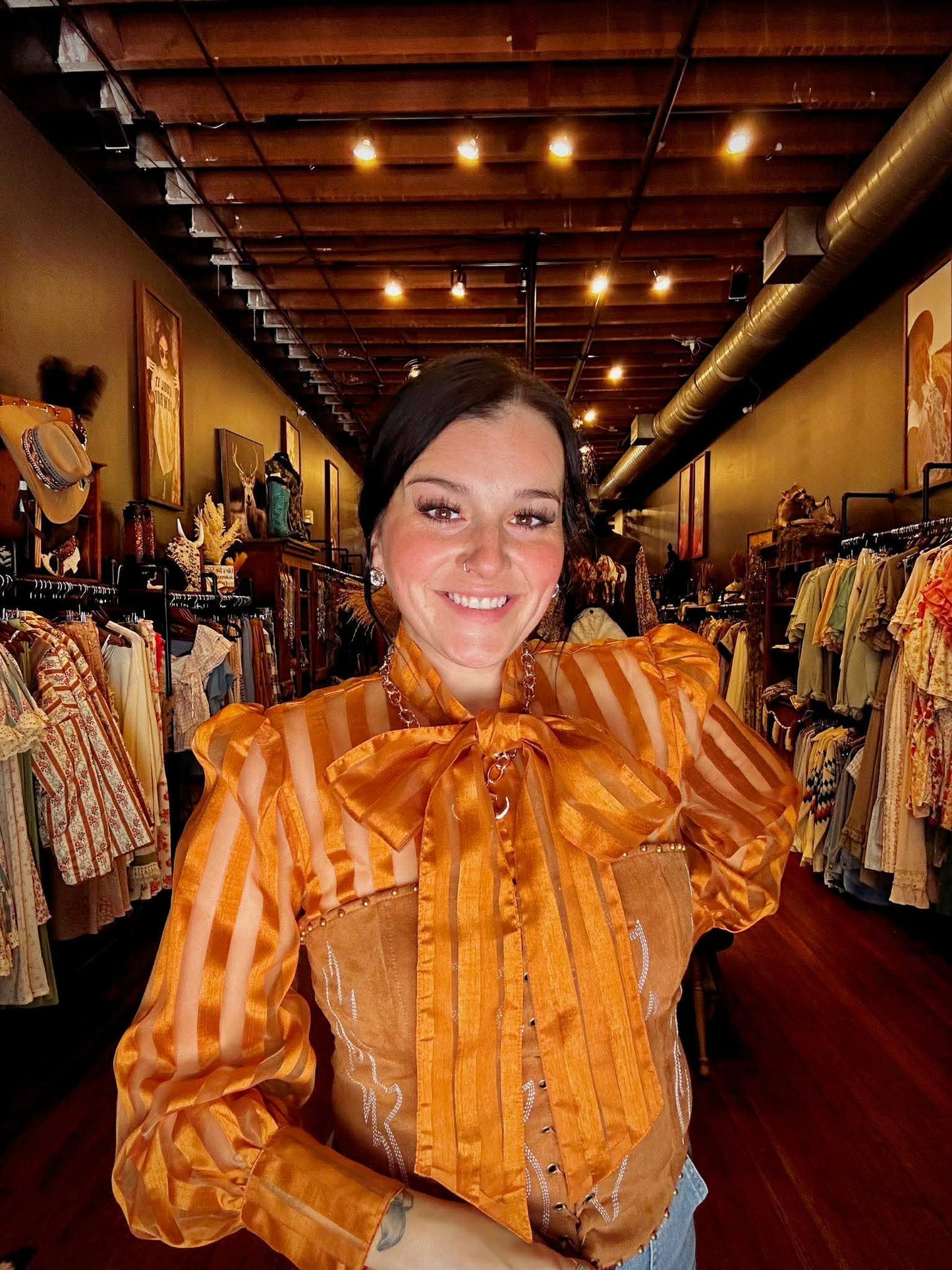Striped Stockyard- Rust Tie Top