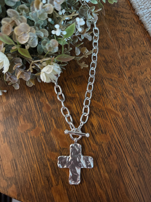 Hammered Cross - Silver Necklace