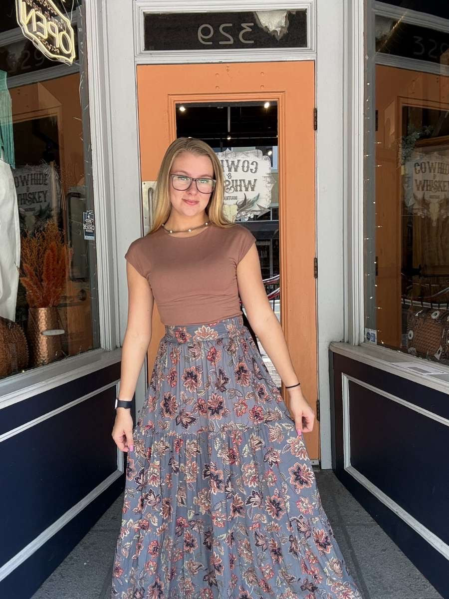 Harvest Shadows – Gray Floral Maxi Skirt