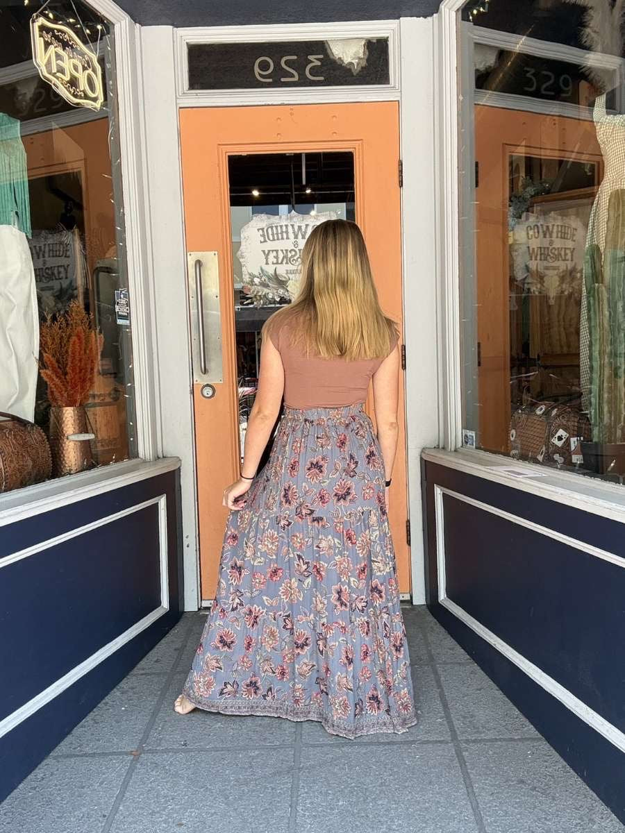 Harvest Shadows – Gray Floral Maxi Skirt