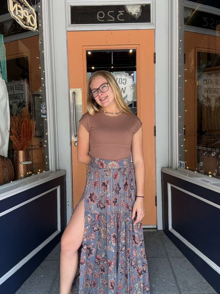 Harvest Shadows – Gray Floral Maxi Skirt