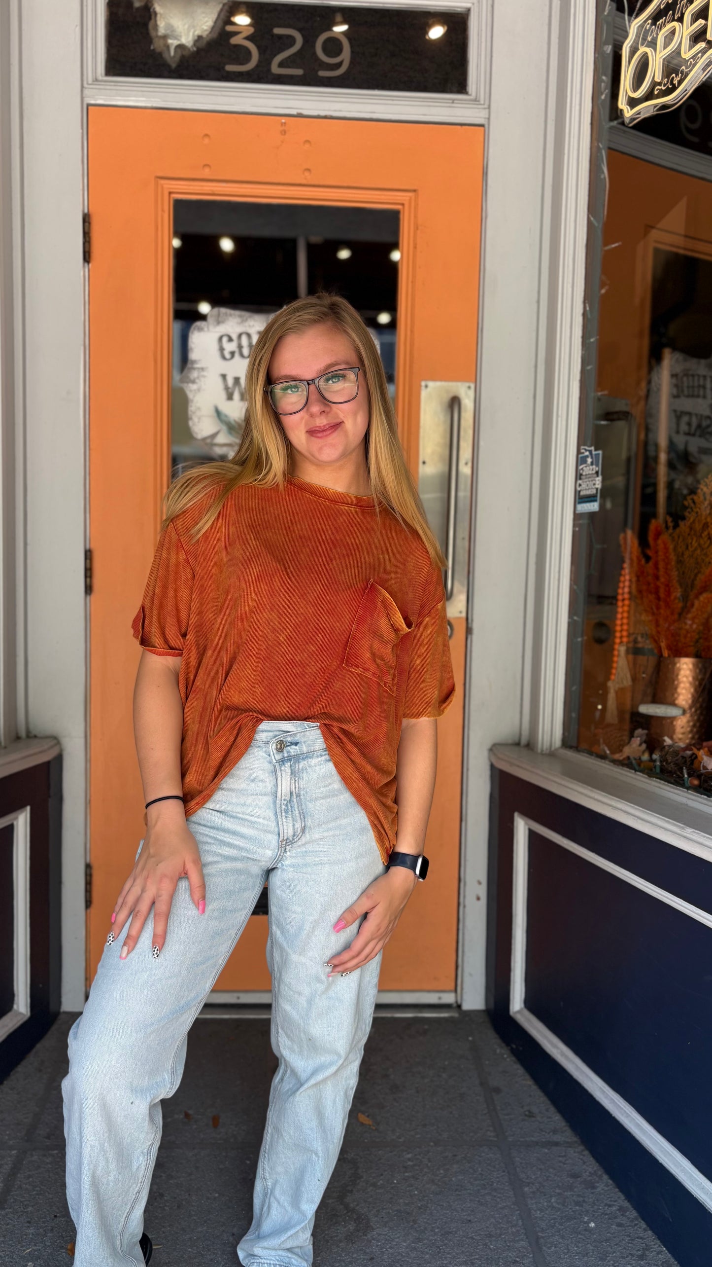 Easy Days – Burnt Orange Acid Wash Pocket Top