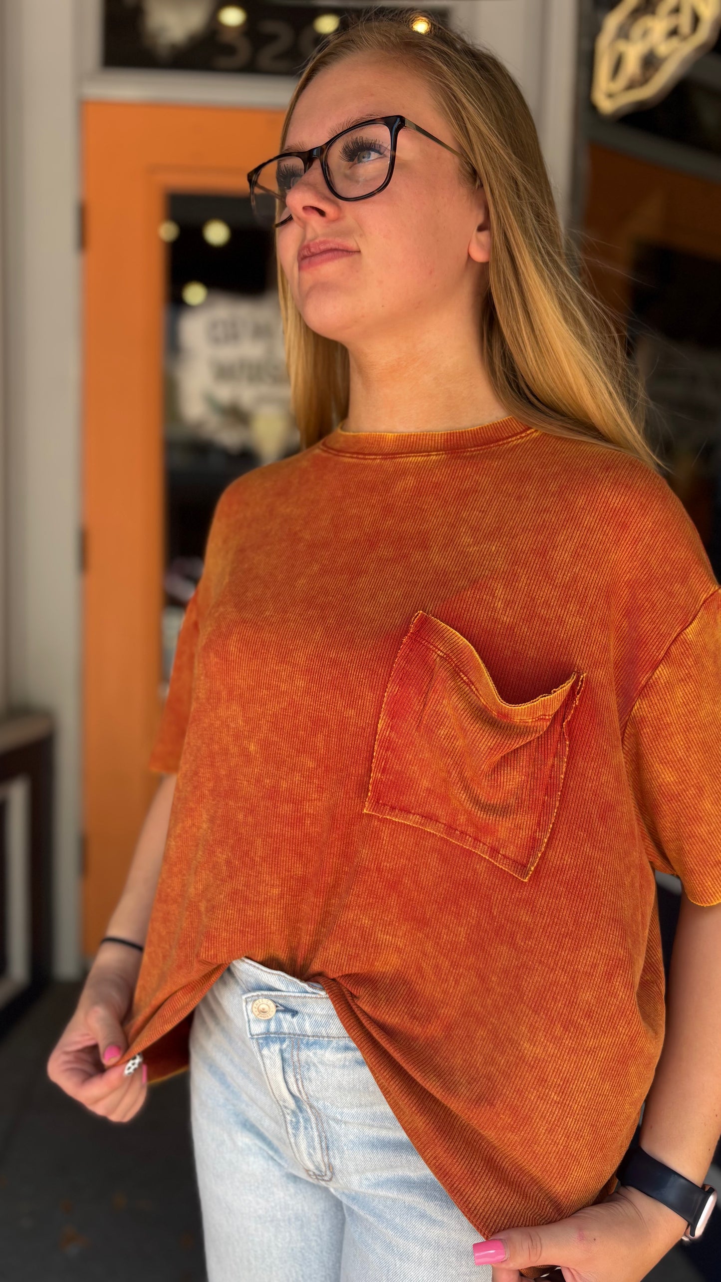 Easy Days – Burnt Orange Acid Wash Pocket Top