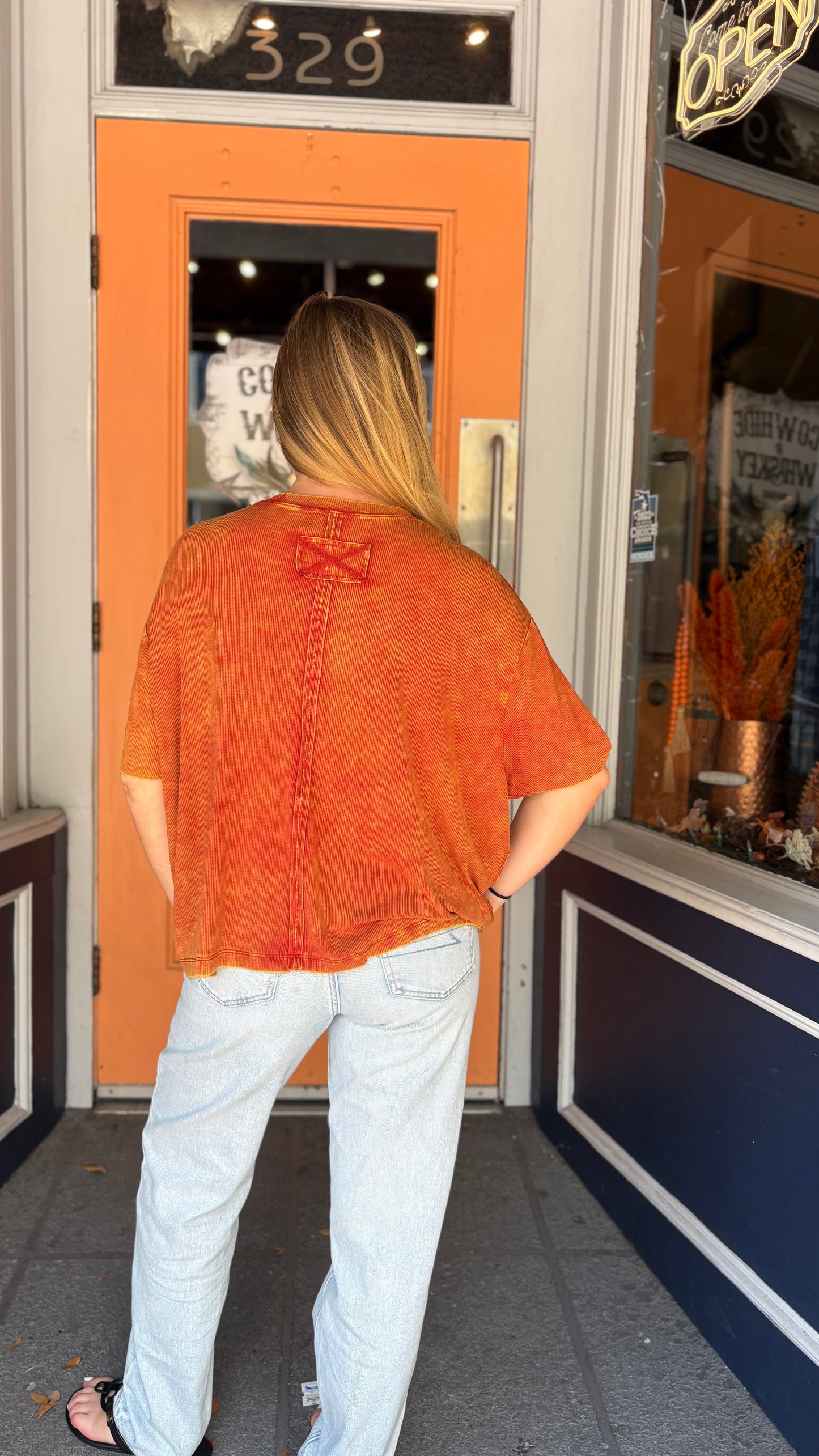 Easy Days – Burnt Orange Acid Wash Pocket Top
