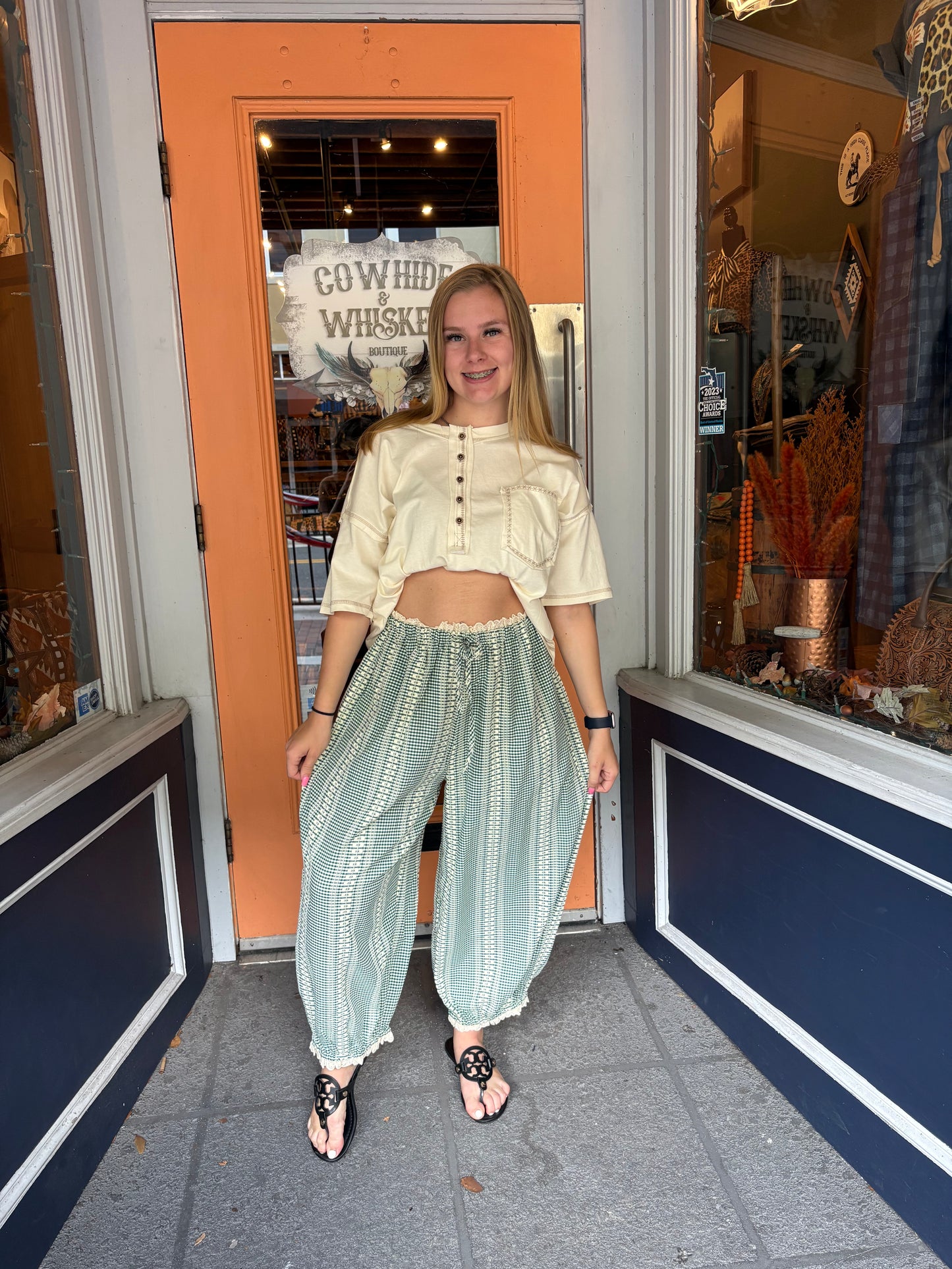 Fern & Thread – Green Embroidered Gingham Pants