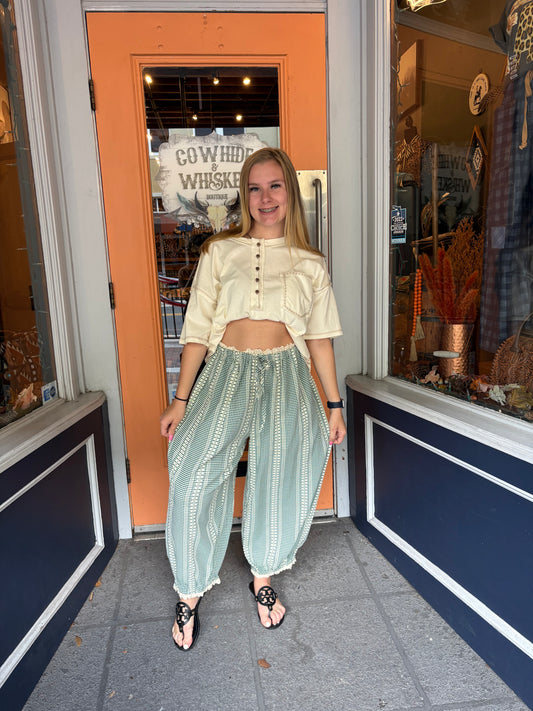Fern & Thread – Green Embroidered Gingham Pants