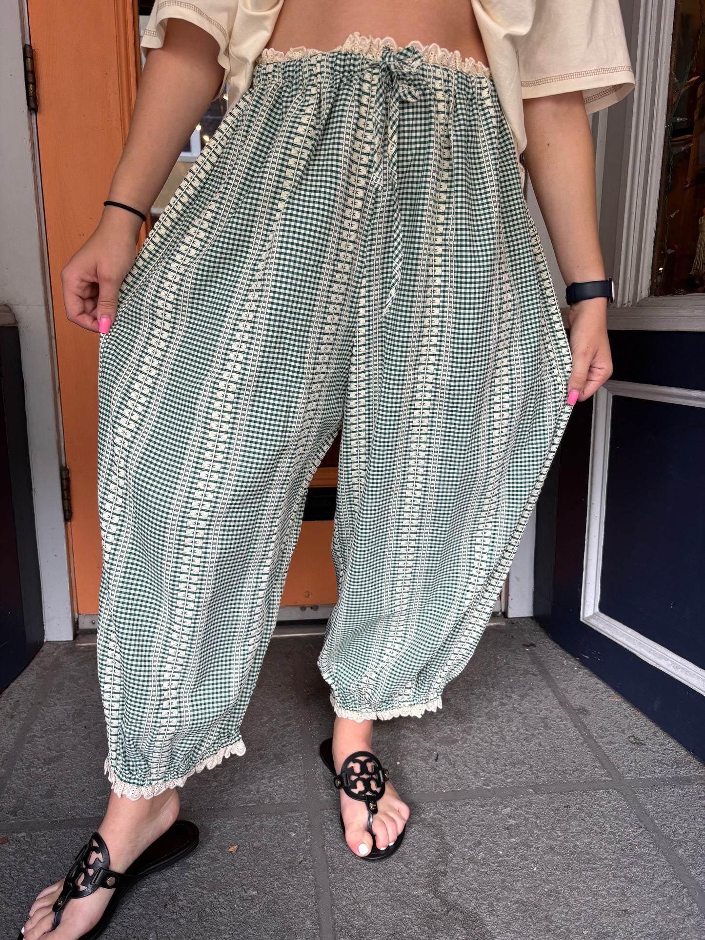 Fern & Thread – Green Embroidered Gingham Pants