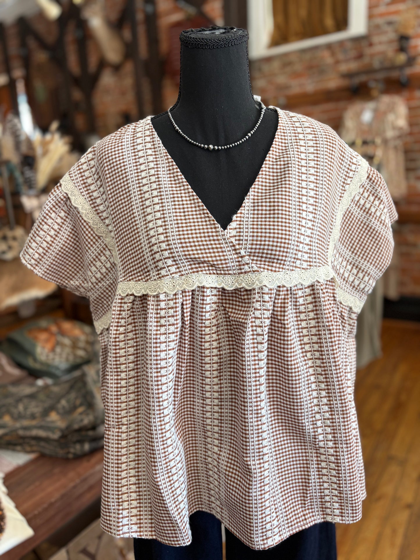 Chestnut Charm – Mocha Gingham Babydoll Top