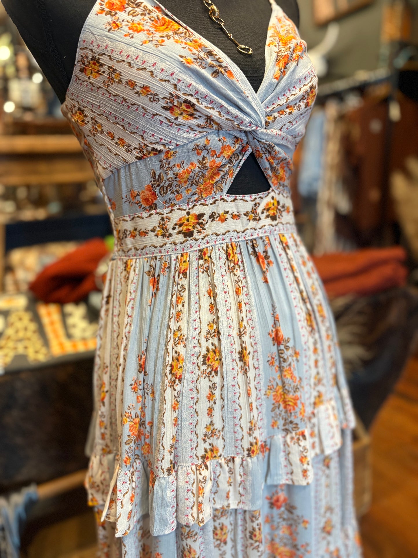 Vintage Rosalie – Dusty Blue Ruffle Maxi Dress