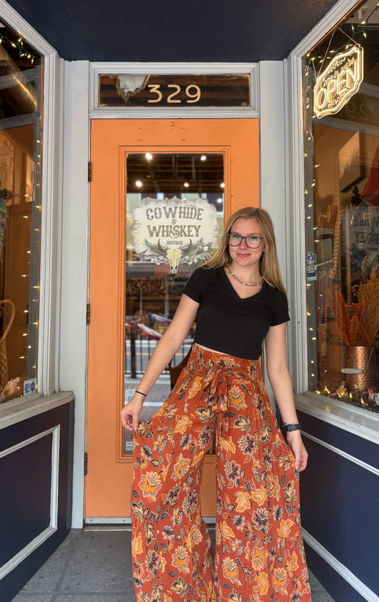 October Wildflower – Rust Wide Leg Tiered Pant