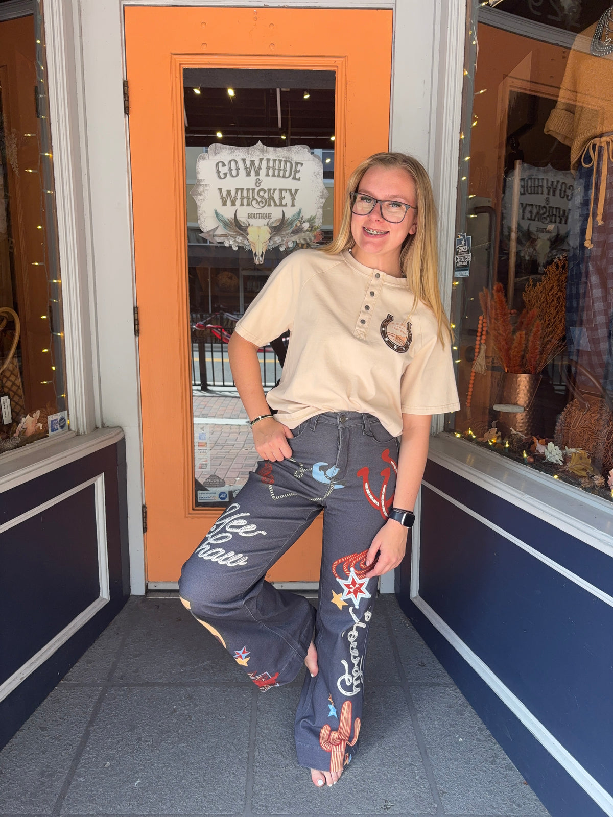 Cowgirl Ink –  Graphic Wide Leg Jeans