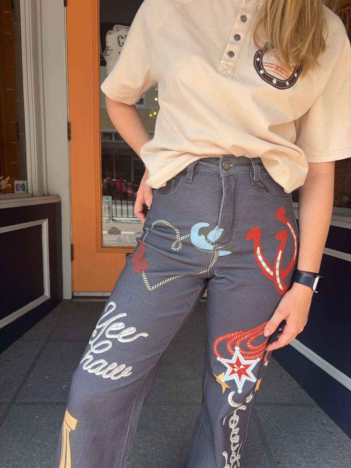 Cowgirl Ink –  Graphic Wide Leg Jeans