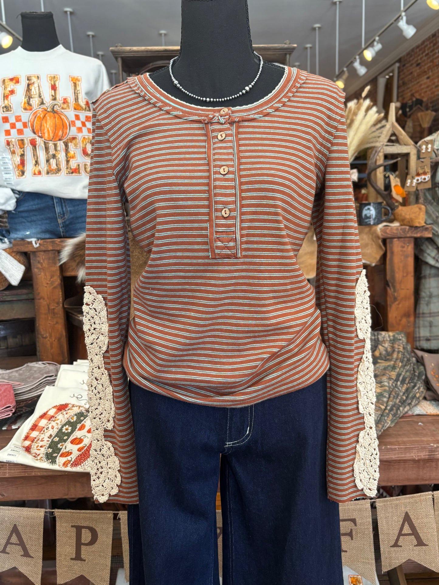 Patina & Lace – Rust Stripe Henley Top