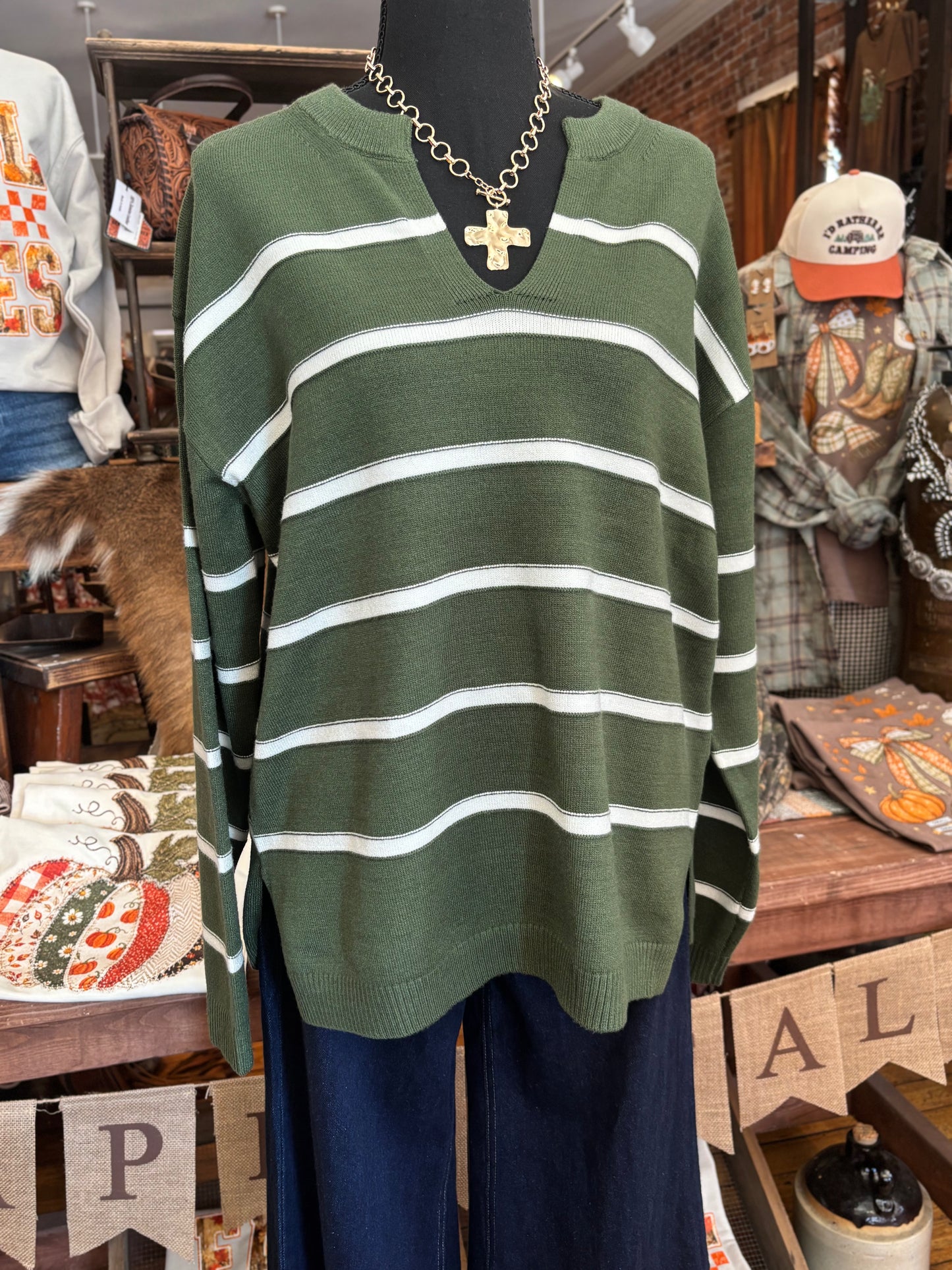Crisp Fall Morning - Green Stripe Sweater