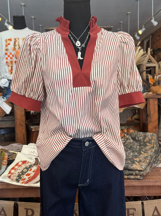 September Skies – Brick Striped Puff Sleeve Top