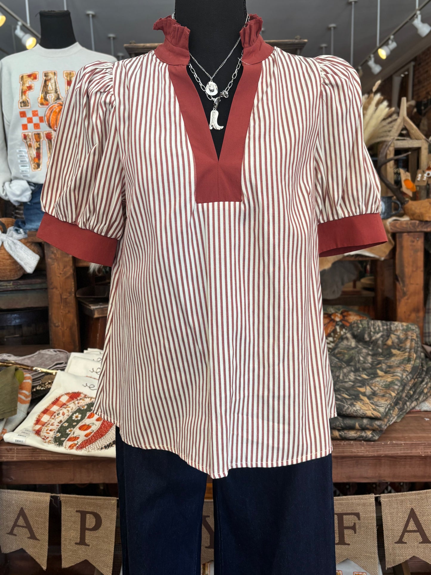 September Skies – Brick Striped Puff Sleeve Top