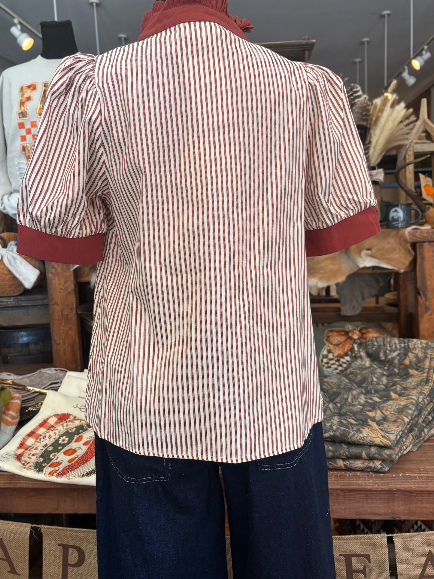 September Skies – Brick Striped Puff Sleeve Top