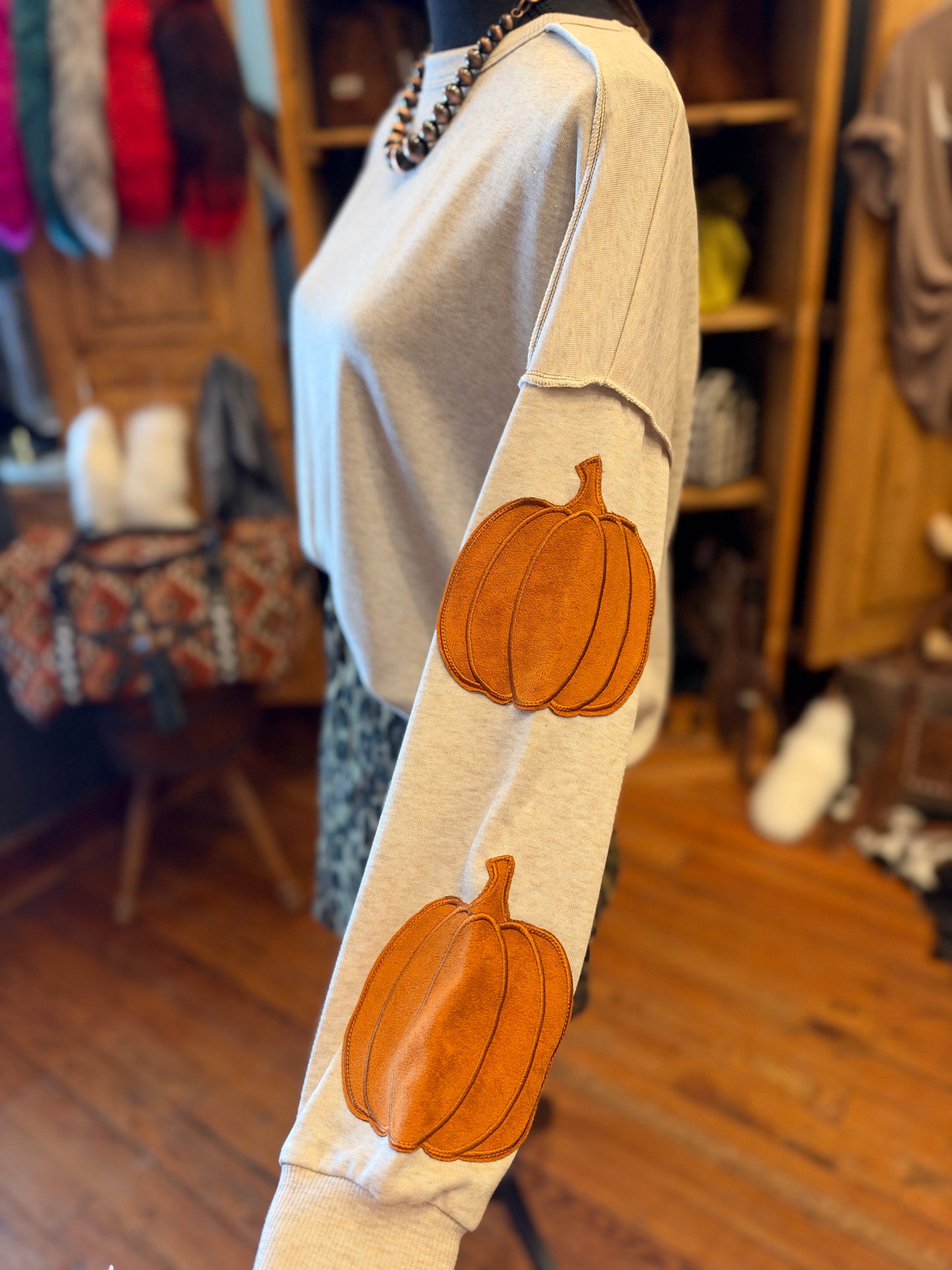 Cozy Harvest – Oatmeal Pumpkin Embroidered Crewneck