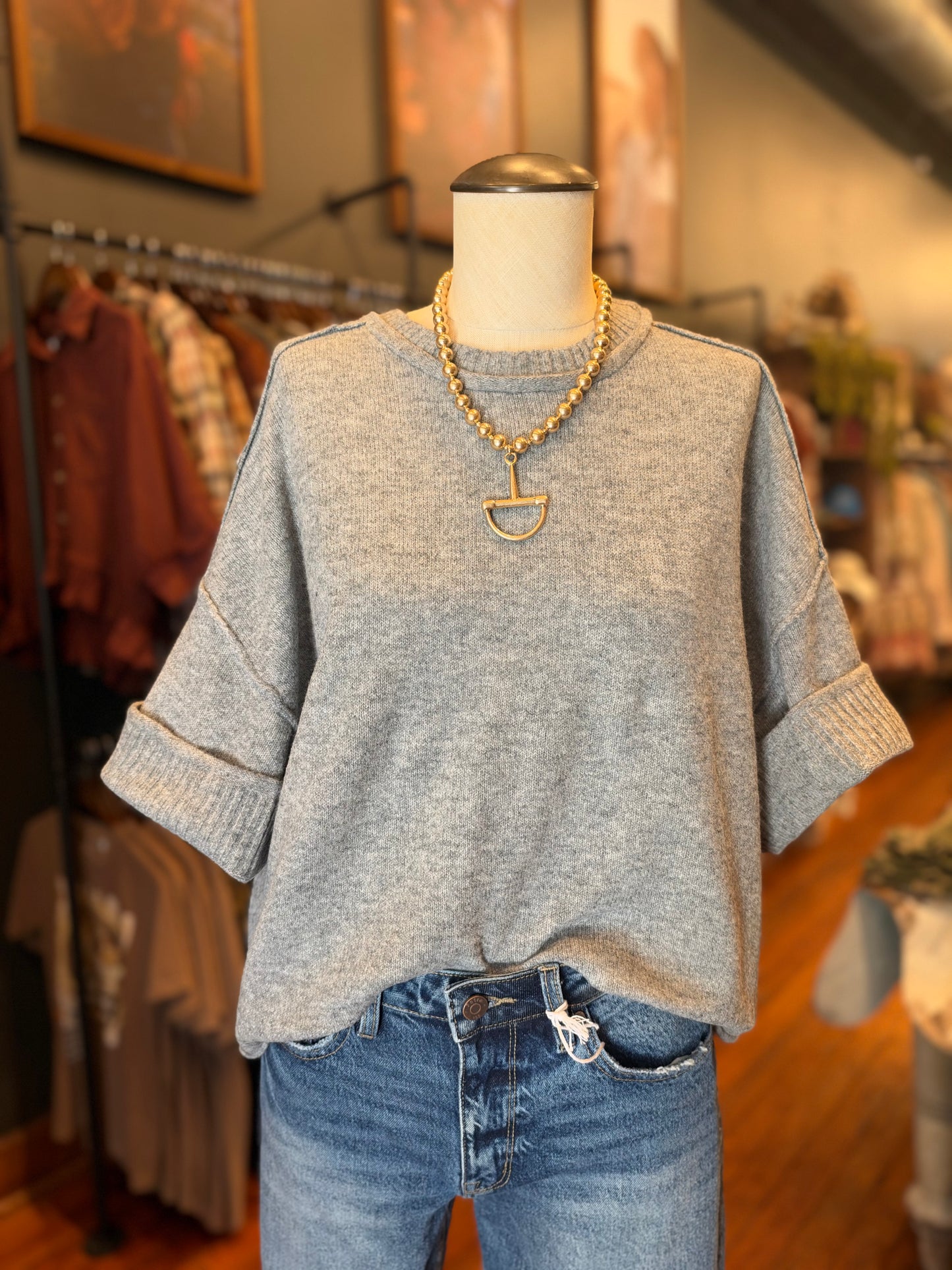 Well Worn – Grey Ribbed Pullover Top