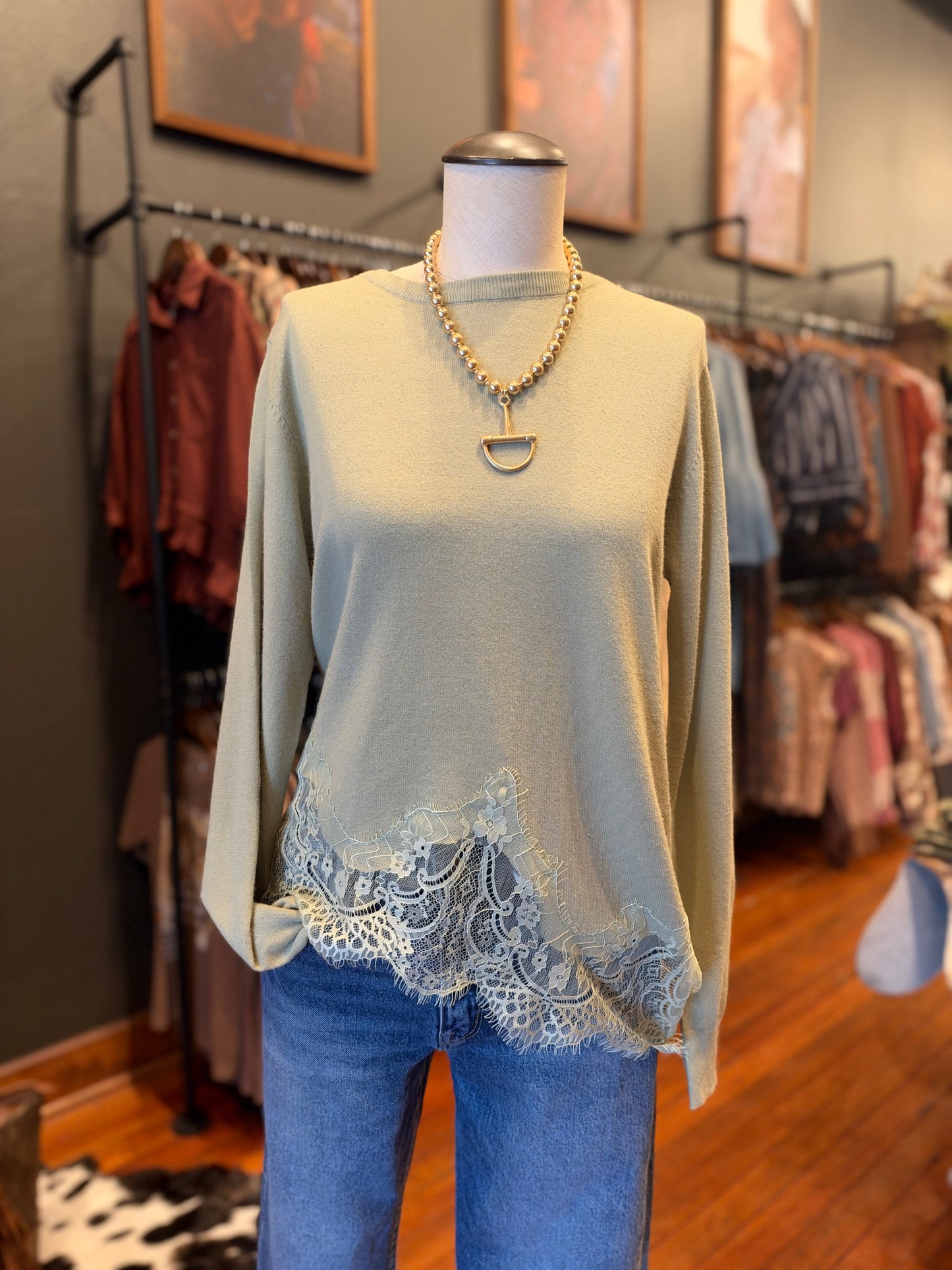 Sweet Lace – Olive Knit Sweater