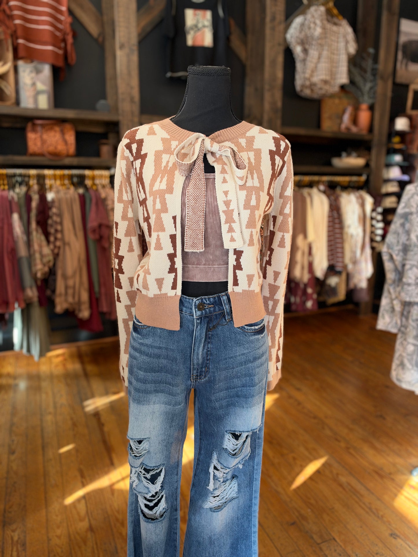 Painted Canyon – Cream Aztec Tie-Front Cardigan