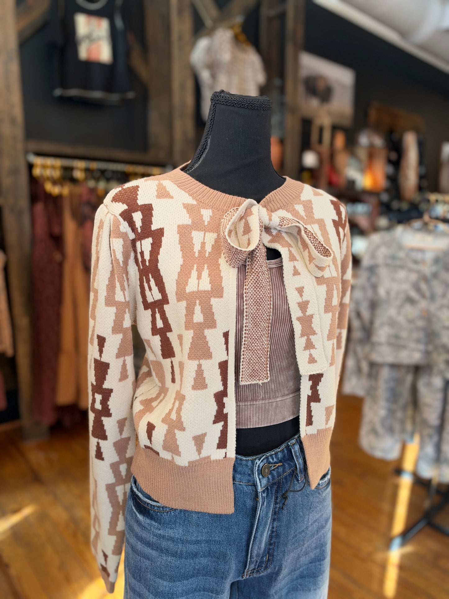 Painted Canyon – Cream Aztec Tie-Front Cardigan