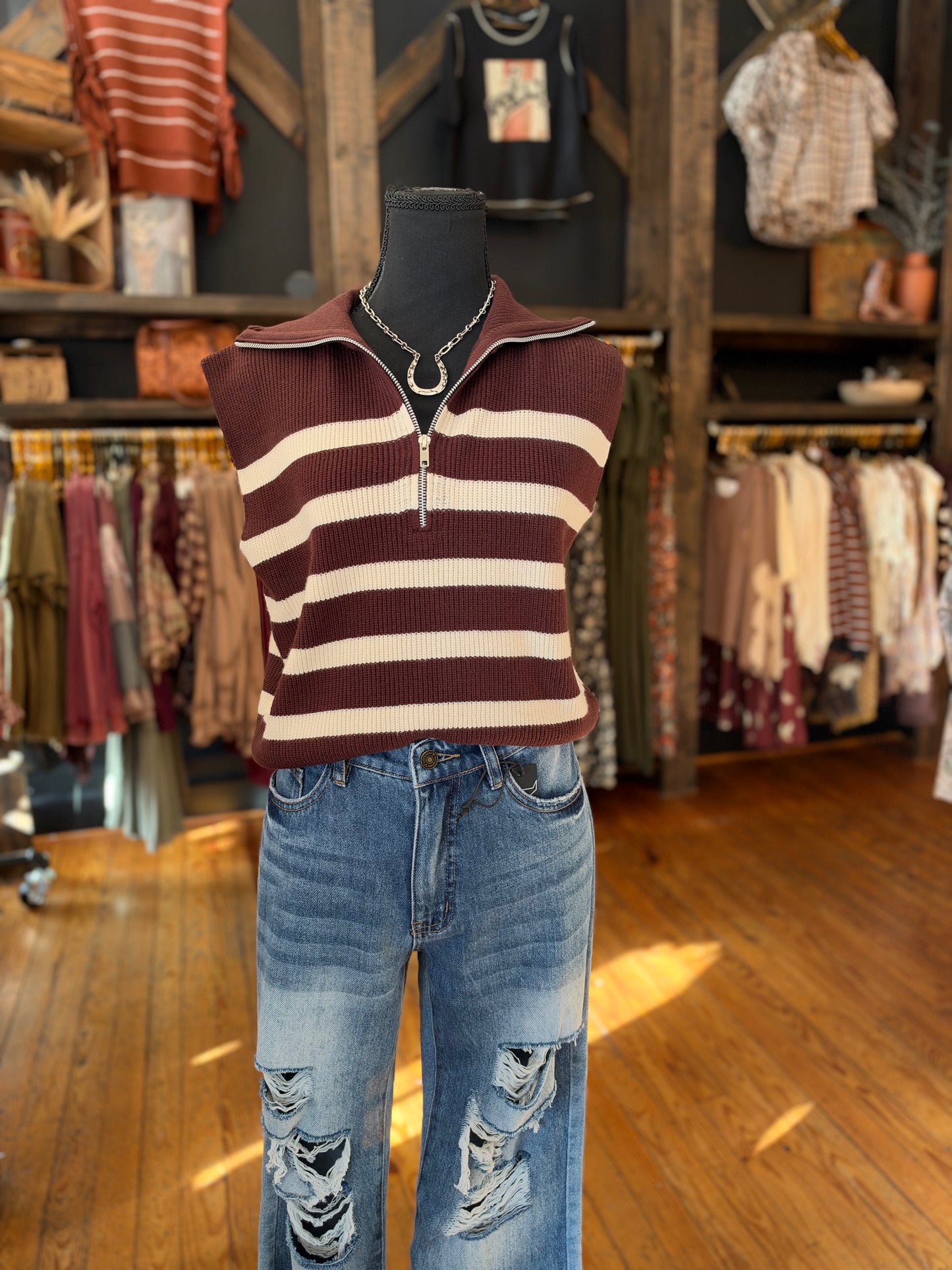 Oak & Ivory – Chocolate Striped Quarter-Zip Knit Sweater Vest