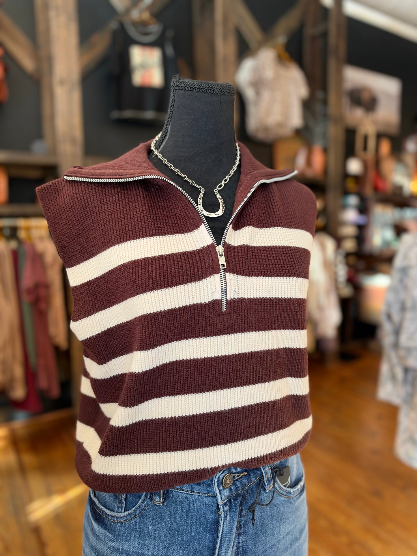 Oak & Ivory – Chocolate Striped Quarter-Zip Knit Sweater Vest
