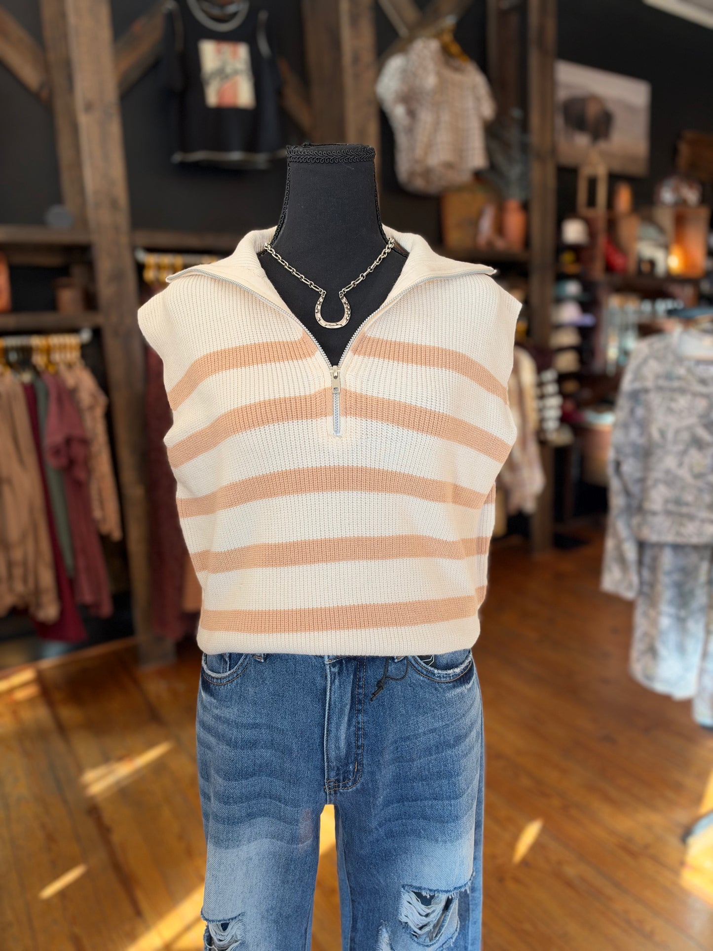 Buckskin & Ivory – Tan Striped Quarter-Zip Knit Sweater Vest