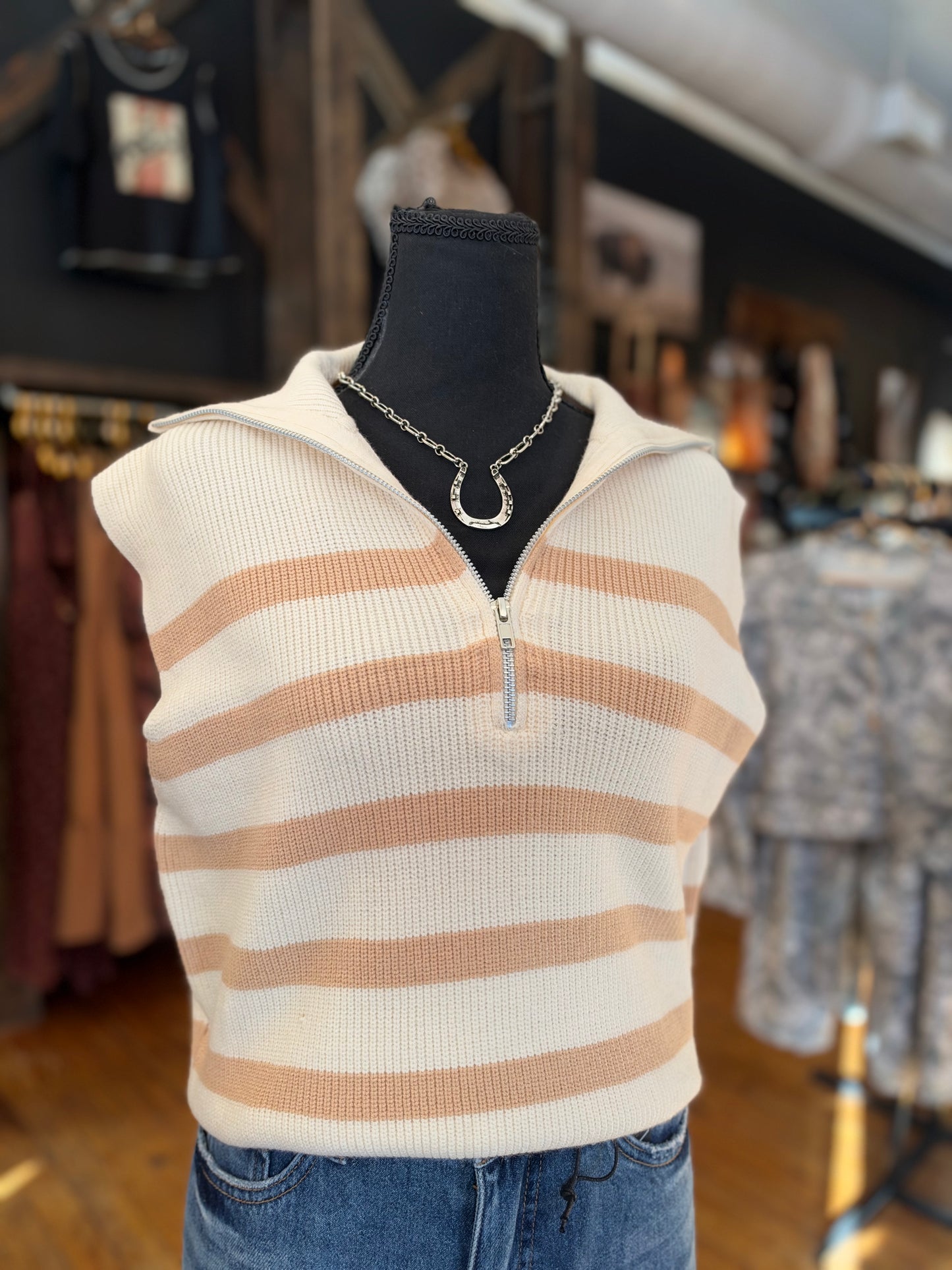 Buckskin & Ivory – Tan Striped Quarter-Zip Knit Sweater Vest