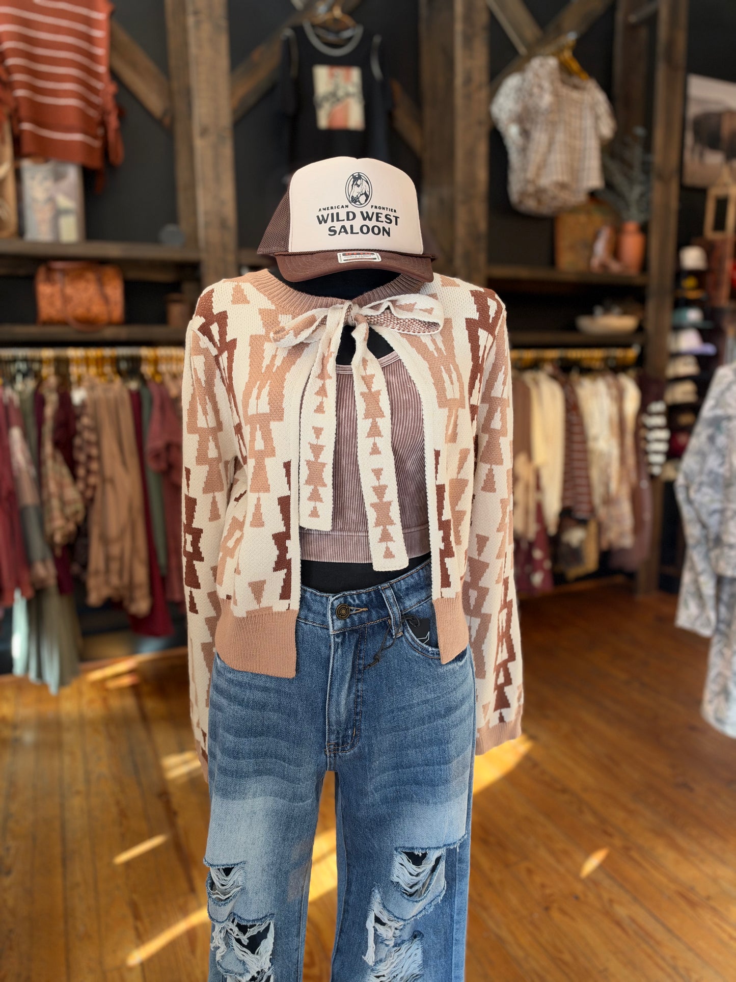 Painted Canyon – Cream Aztec Tie-Front Cardigan