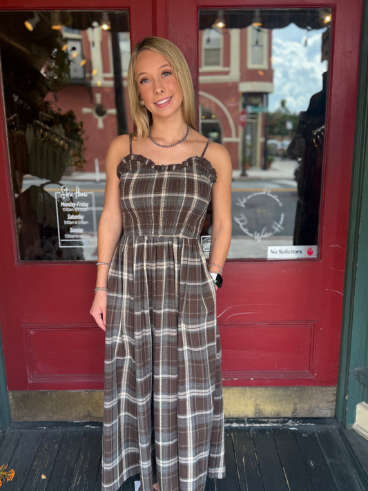 Sunday Porch Side – Brown Plaid Dress