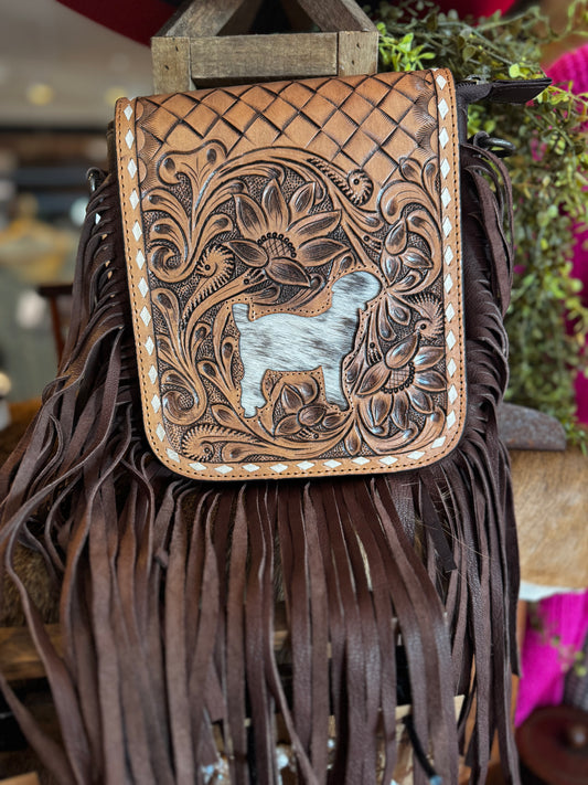 Goat Tooled Leather & Cowhide Fringe Crossbody