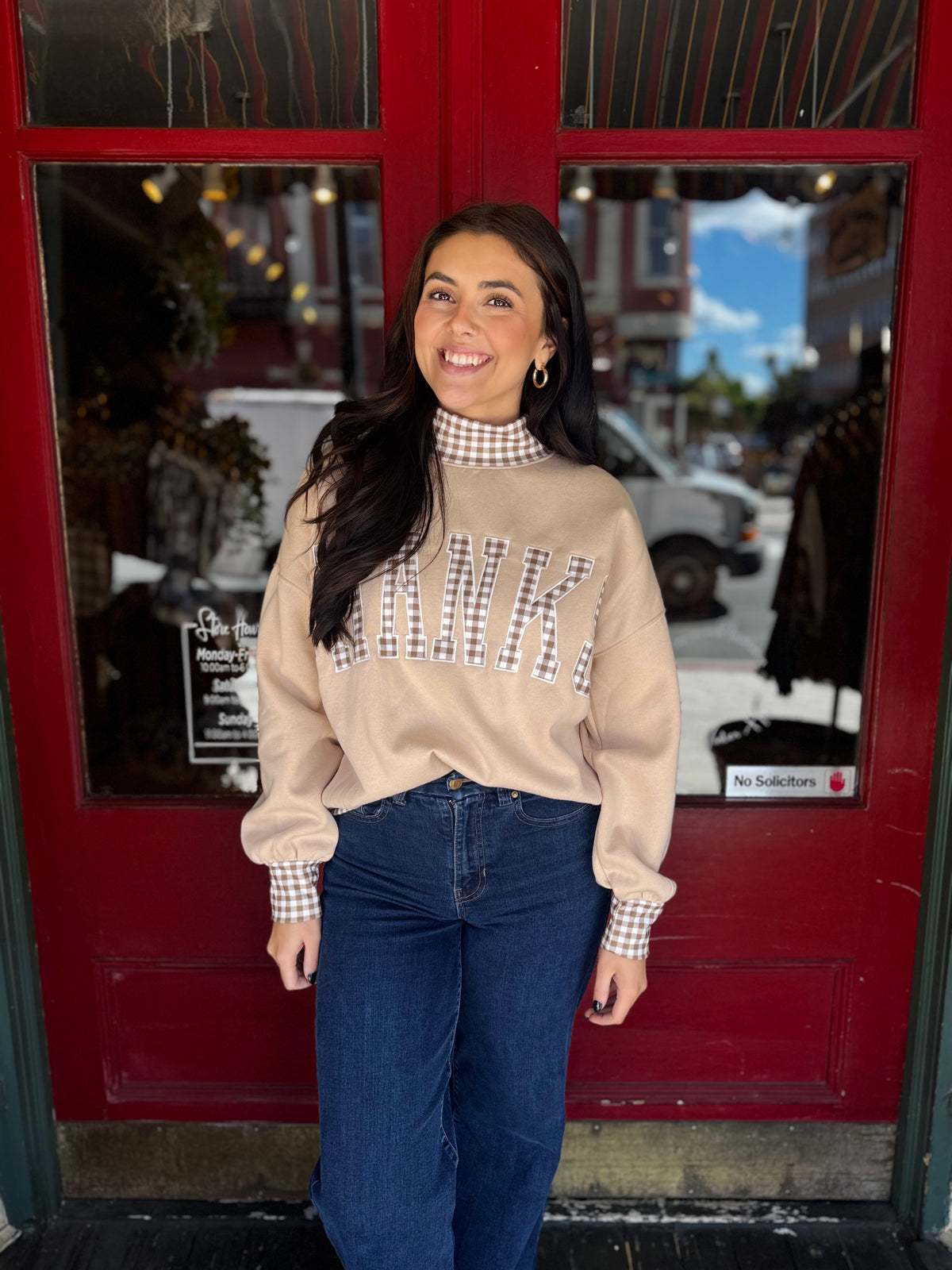 Thankful Patch – Cream Gingham Pullover